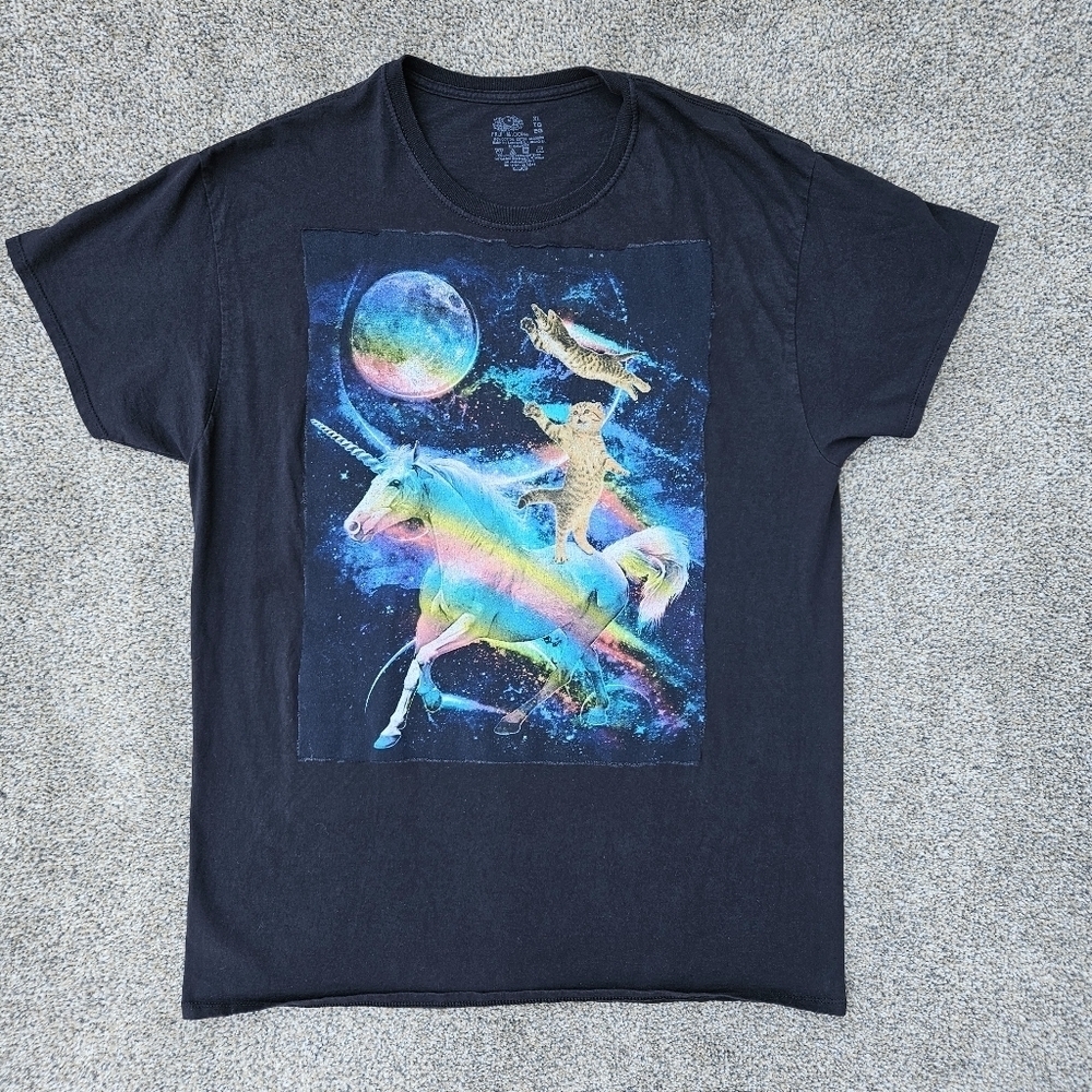Orange Cat Riding Unicorn Shirt Black Tee Rainbows Kitten Psychedelic Rainbow XL
